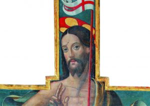 Risorto Sciacca Ignoti maestri siciliani della fine del XV secolo, Crocifisso ligneo su croce dipinta, Gesù Risorto (part.), Sciacca, Chiesa B.M.V. del Carmelo (prov. Chiesa San Vito). Foto: Soprintendenza BB.CC.AA. di Agrigento - Gabinetto fotografico - Pitrone-Nocito